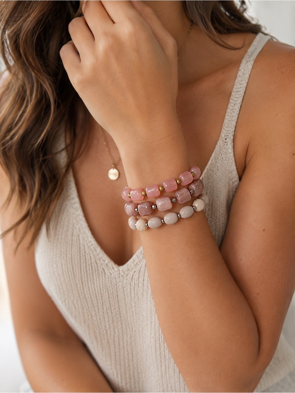 Pink Blush Fashion Chunky Beaded Stretch Dangle Bracelet Stack - Women Jewelry